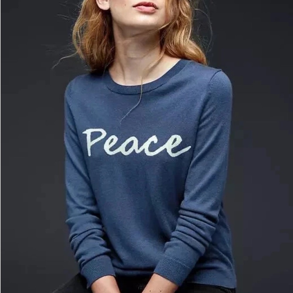 GAP Women Blue Peace Graphic Long Sleeve Crewneck Sweater Size Medium‎